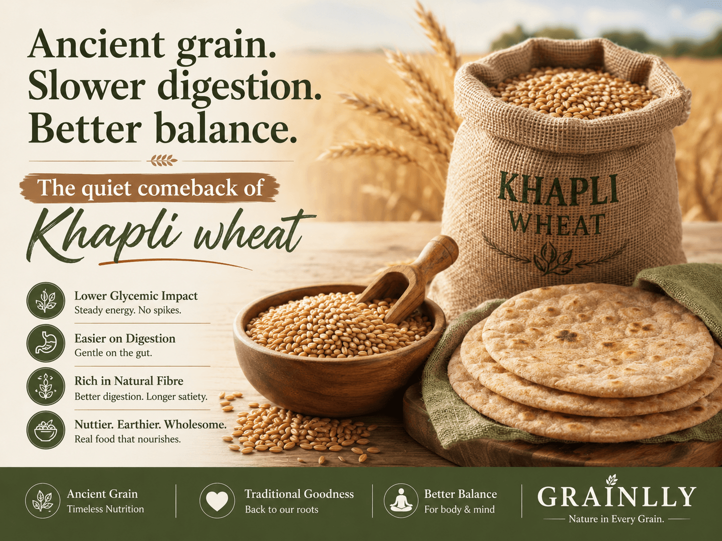 Ancient grain. Slower digestion.  Better balance.  The quiet comeback of Khapli wheat